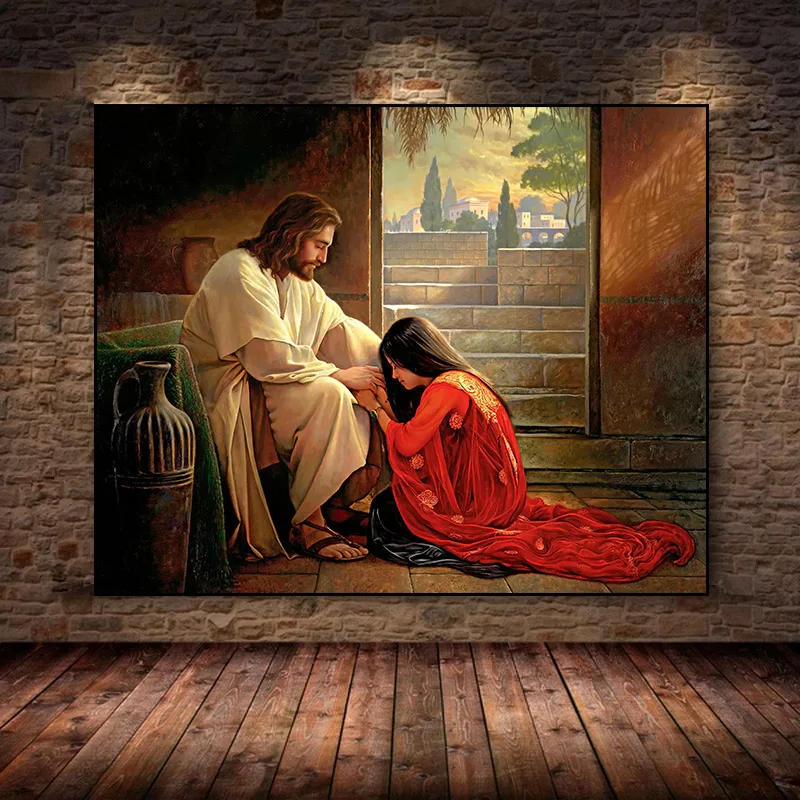 

Religious Savior Jesus Samaritan Woman Painting Portrait Figure Canvas Posters and Prints for Living Room Christian Church Decor