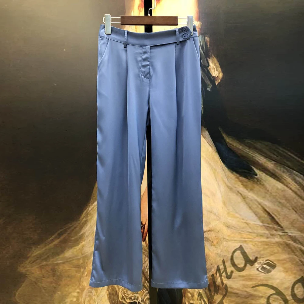 Office Spring Ladies Autumn Elegant Blue Flower Print Bow Blouse+Full-Lenght Pants Women High Quality Sets