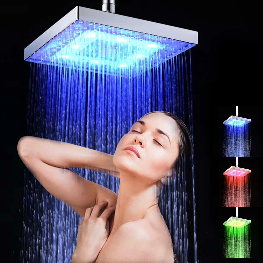 Led Rainfall Shower Head With LED Light Square Shower Head Auto RGB Color-changing Temperature Sensor Showerhead For Bathroom
