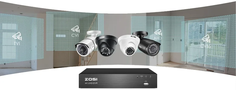 ZOSI 4K 8-канальный сетевой видеорегистратор 4 в 1 TVI CVI AHD CVBS H.265 система видеонаблюдения DVR комплект с 4K Водонепроницаемый ночного видения Bullet Камера