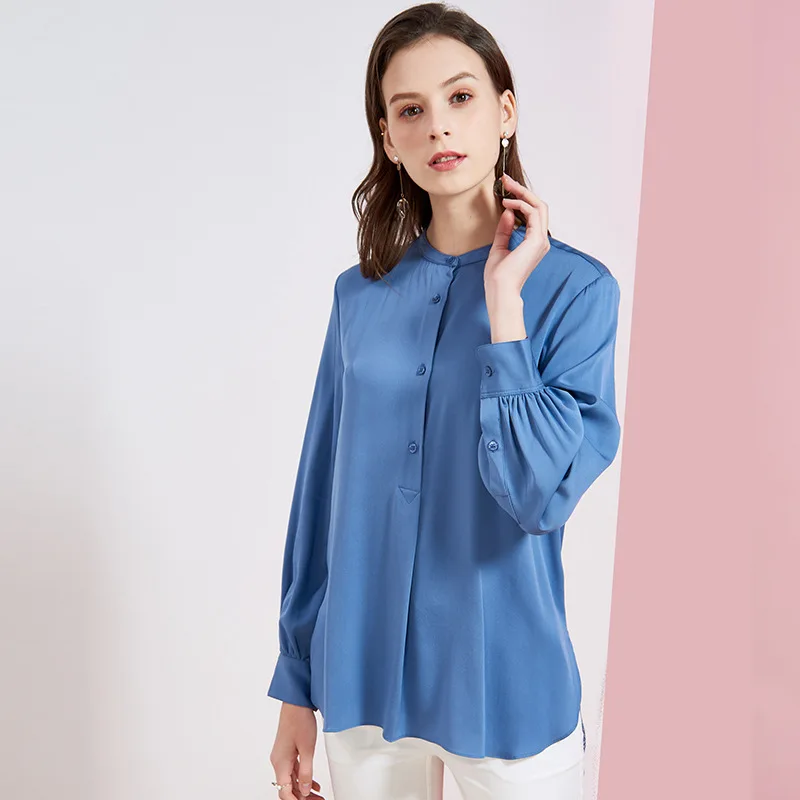 Women's Blouses and Tops Silk blue stand collar Office Formal Casual Shirts Plus Large Size Spring Summer Sexy Haut Femme loose
