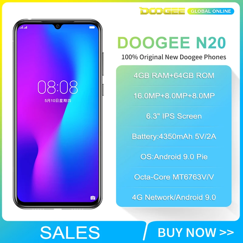 Doogee N20 мобильный телефон 6," экран капли 16 МП Тройная задняя камера 4350 мАч 4 Гб+ 64 Гб Восьмиядерный 10 Вт Зарядка 4G смартфон