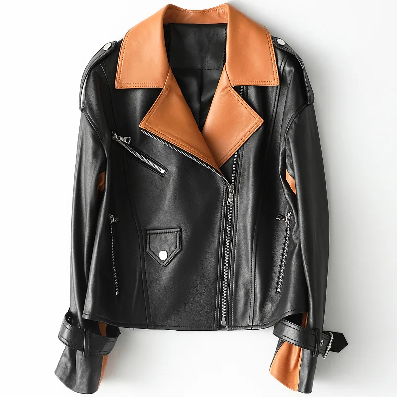 Spring 2021 New Genuine Leather Black Loose Coat Women's Sheepskin Jacket Short Motorcycle Suit Splicing Moto & Biker Wear