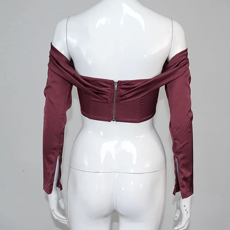 

2021 spring women's new sexy off shoulder one neck Satin open back long sleeve short T-Shirt Top