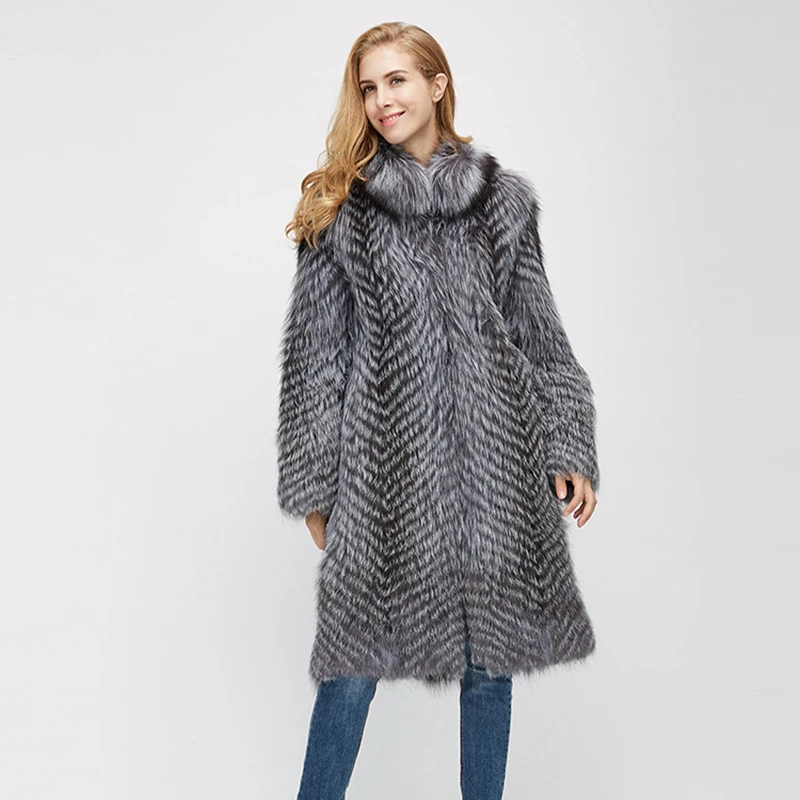 Winter fur coat real silver fox fur long coat female fox fur collar