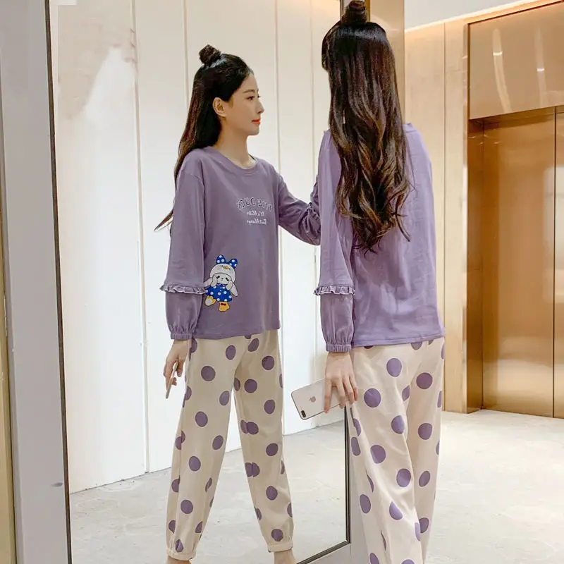 

100% Cotton Pajamas Women's Spring and Autumn New Long Sleeve Cute Student Cartoon Outdoor Winter Home Clothes Set