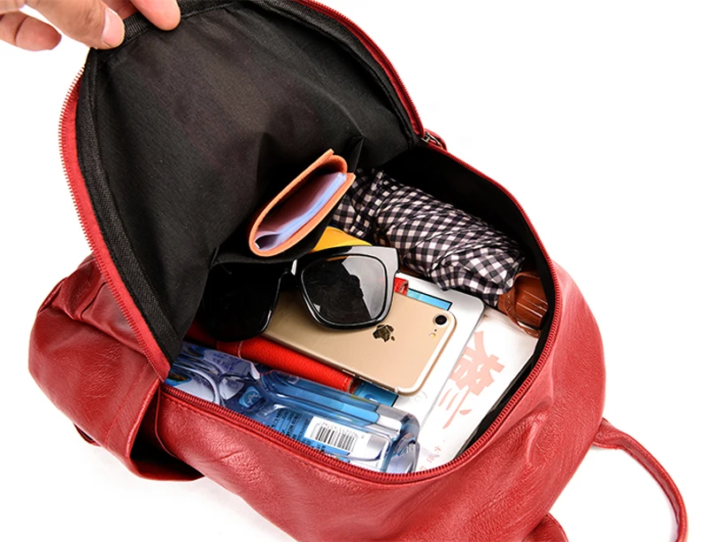 

Women Lady School Leather Backpack Travel Shoulder Bag Solid Black Red Zipper NOT include the hanging Bear