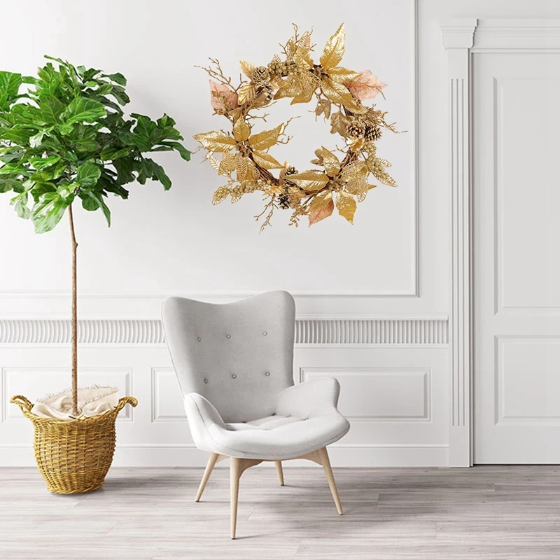 

Golden Christmas Wreath Artificial Garland for Front Door Window Fireplace Christmas Decoration