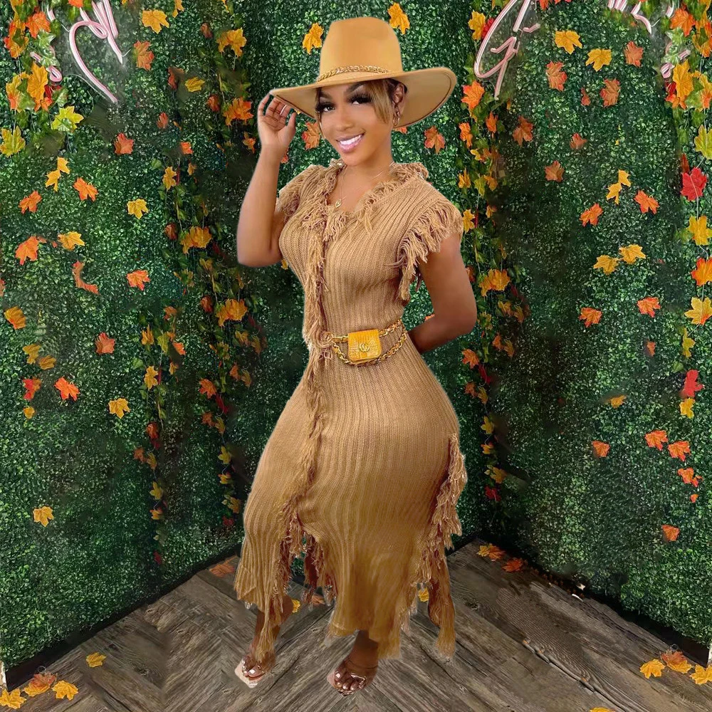 

Женское трикотажное платье-свитер без рукавов, с высоким разрезом