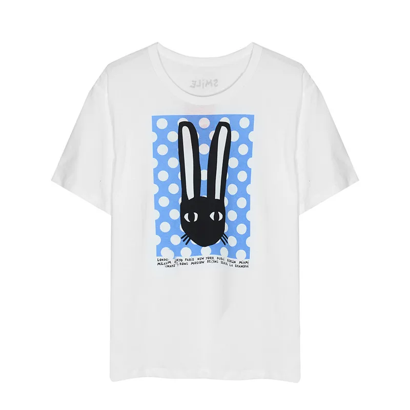 

New Women Summer White Slim O-Neck Cotton Rabbit Print T-Shirt Female Fashion Plus Size Tees Ladies Brand Casual Tops ZM237