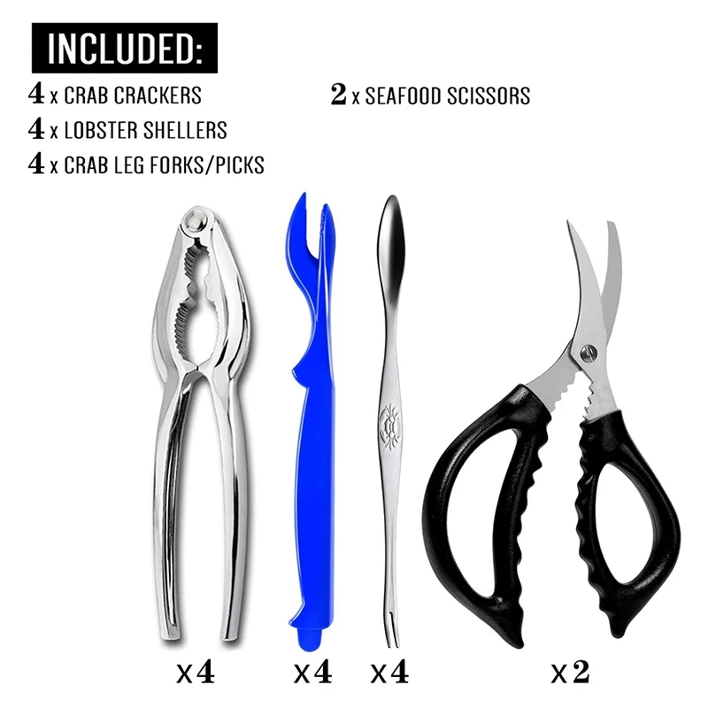 

14 Pcs Crab Crackers and Tools Including 4 Crab Crackers, 4 Blue Lobster Forks, 4 Crab Leg Forks and 2 Seafood Scissors