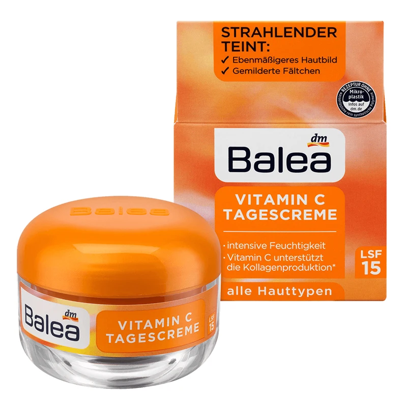 

Germany Balea Dark Spots Face Brightener Vitamin C Day Cream SPF15 Collagen Production Moisturizing Radiant Youthfully Wrinkles
