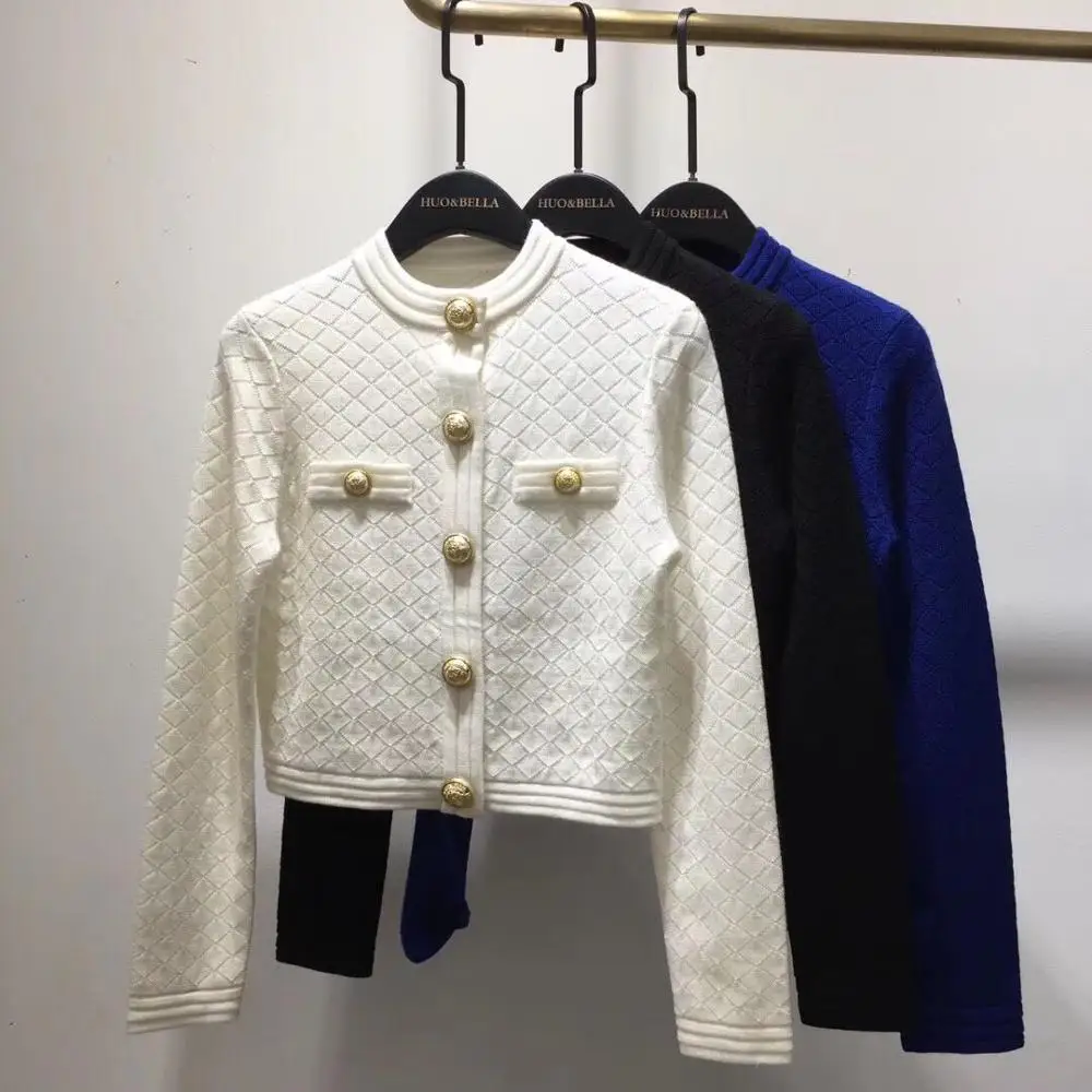 Autumn Winter Metal Buttons Cardigan Women 2020 Elegant O-neck Long Sleeve Casual White/Black Knitted Sweater |