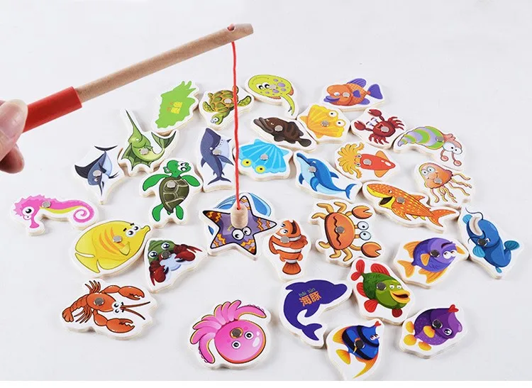 Деревянные магнитные игрушки для малышей 32 шт. игрушка-рыба Обучающие