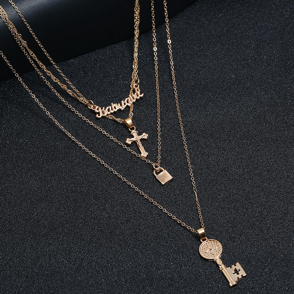 2019 мода ключ замок кулон ожерелье для женщин золотой Многослойная цепь на шею с
