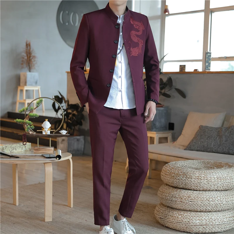 Мужская туника с вышивкой дракона черная китайская воротником мандарина 5XL 2019 |