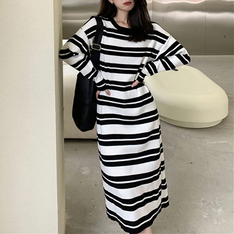 

2021 New Spring Autumn Women Knitting Dress Basic Bottoming Striped Oversize Elasticity Korean Style Wild Long Dresses