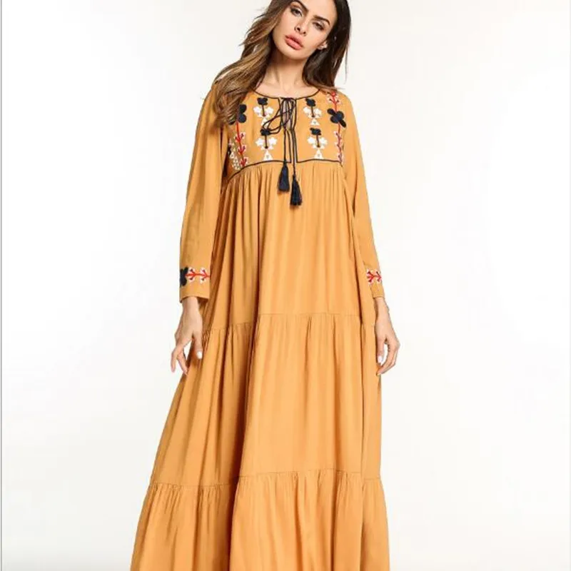 Женское платье осень 2019 женское этническое длинное с вышивкой кисточка дизайн