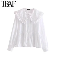 traf women sweet fashion with peter pan collar ruffled blouses vintage long sleeve button up female shirts chic tops