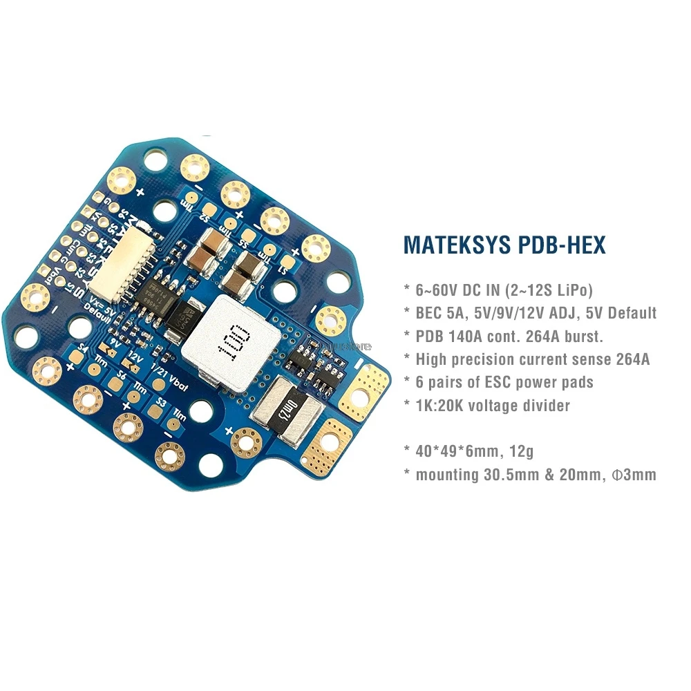 

Matek PDB-HEX 12S supports 6~60V DC input 5A regulator with 5V/9V/12V outputs high precision current sense for Fpv racing drone