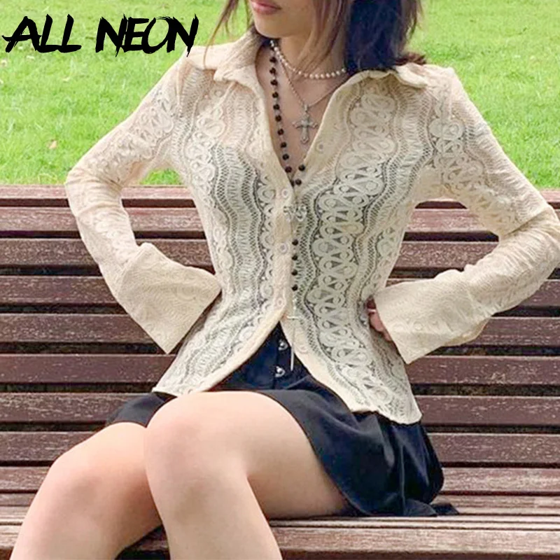 

ALLNeon 90s Vintage Solid Transparent Lace Shirts Y2K Fashion Single-breasted Hollow Out Long Sleeve Sexy Tops Slim Autumn New