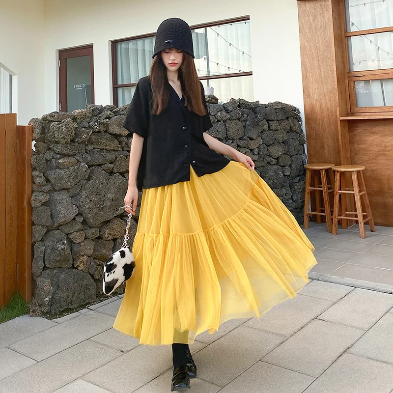 

IEQJ High Elastic Waist Tulle Skirt Women Fashion Patchwork Pleated Mesh A-line Black Yellow New Spring Autumn 2021 8P286
