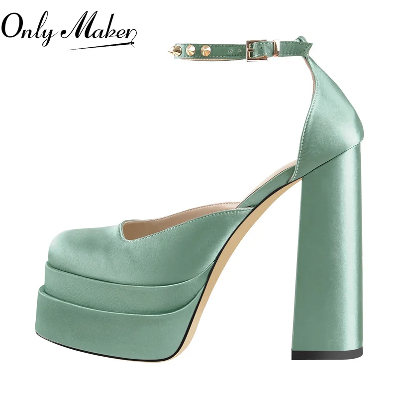 

Onlymaker Women Graceful Pumps Satin Round Toe Double Platform Metal Decoration Ankle Buckle Party Dress Chunky High Heels
