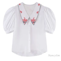 2021 summer womens clothing new embroidered turn down doll collar shirt short puff sleeve temperament ladies white top blusa