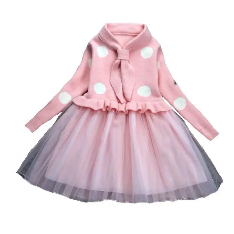 

2020 Autumn and Winter New Girls Long-sleeved Dress Casual Knit Warmth Stitching Mesh Children's Sweater Dress 4-8y Girl Clothes