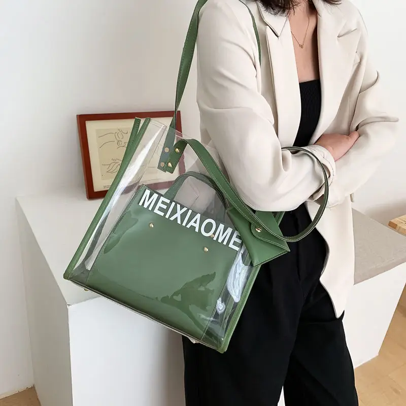 

Women Transparent Jelly Bag Clear Shoulder Tote Bag Casual Ladies Set Make Up Clutch Son-Mother Handbag Pink 2021 Summer PM168