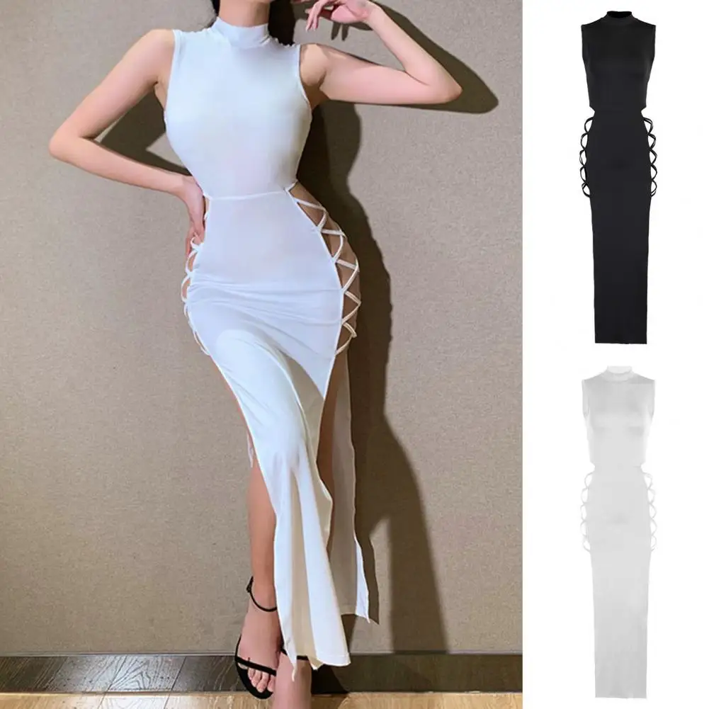 

50%HOTMaxi Dress Bandage High Split Stretchy Stand Collar Sleeveless Solid Color Dress for Club