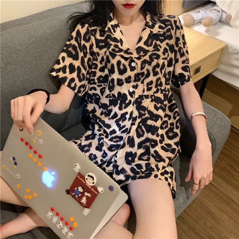 QWEEK Leopard Nightwear Korean Pajamas Women Summer 2021 Short Sleeve Pyjamas Two Piece Set Pijamas Turn-down Collar Sleepwear