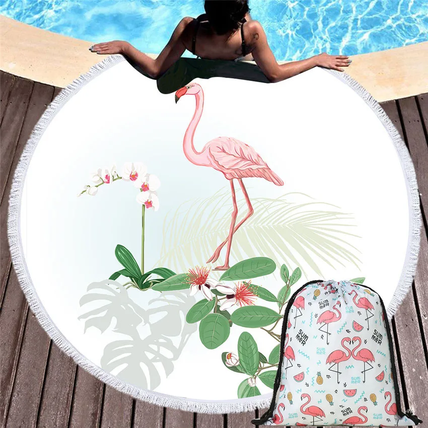 Мягкое летнее круглое пляжное полотенце с фламинго домашнее банное на шнурке