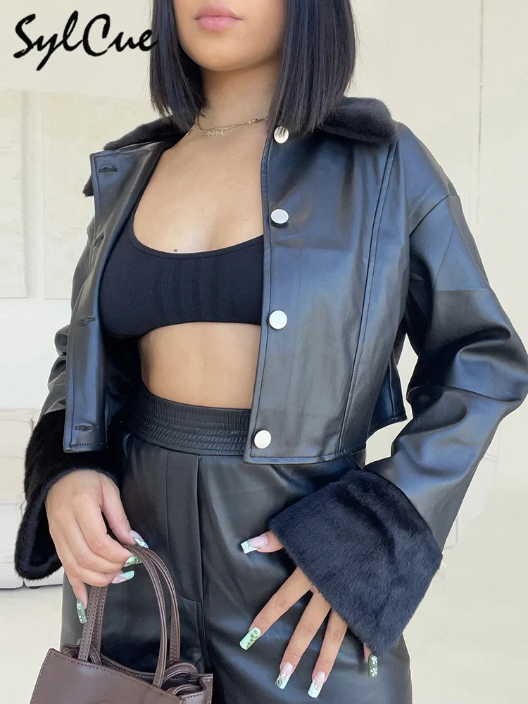 

Sylcue Handsome Cool Warm Windproof Loose Function Versatile Street Lapel Dark Buckle Matte Leather Women's Silm Jacket