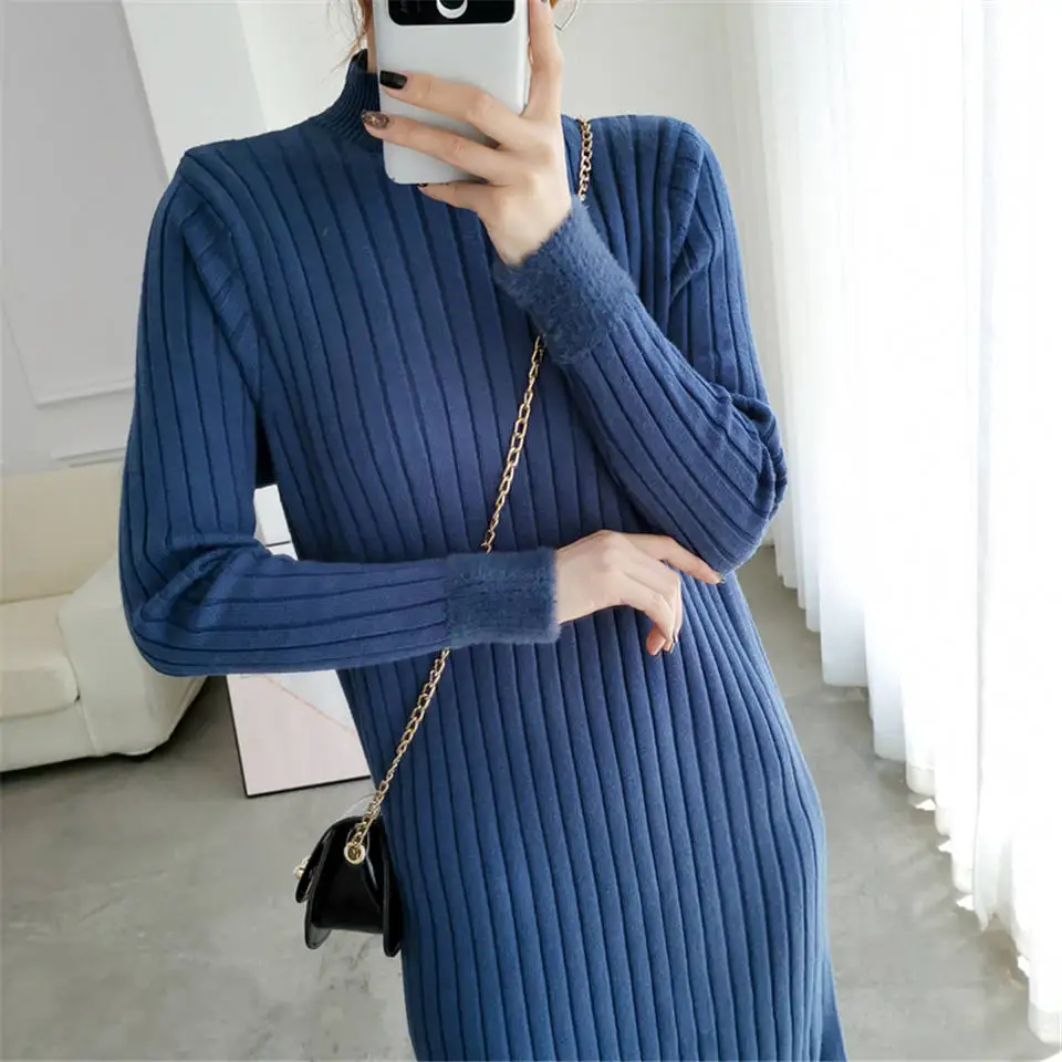 Раздельное однотонное платье с круглым вырезом и длинным рукавом Vestido, милое зимнее трикотажное платье, Осеннее женское элегантное платье, новинка года, модное тонкое мягкое женское платье - Цвет: Синий