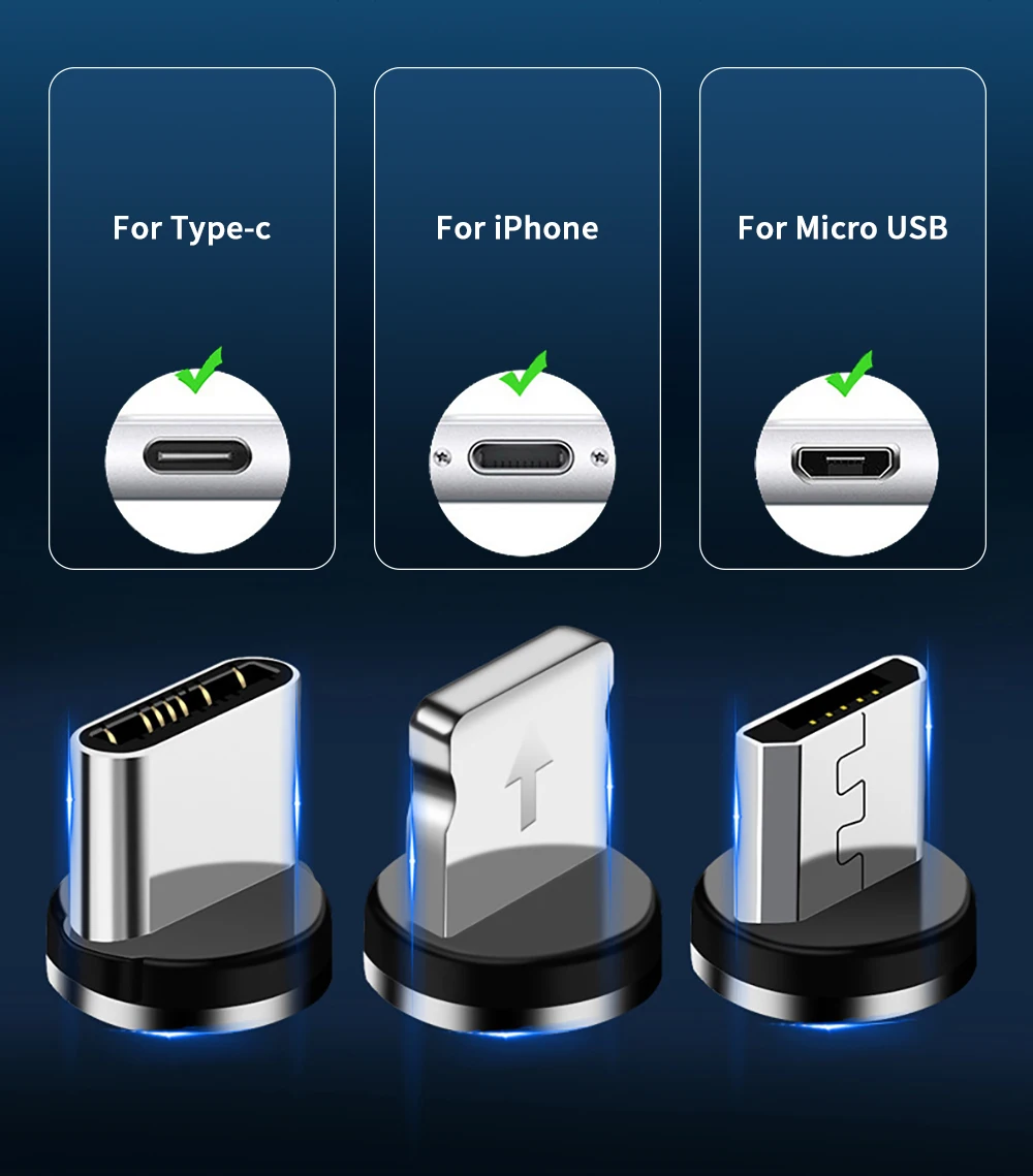 Магнитный зарядный светодиодный кабель Micro usb type C 2A для быстрой зарядки и передачи данных для мобильных телефонов