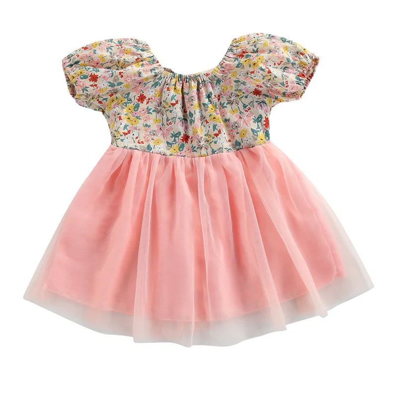 

2021 Summer Breathable Little Girls Princess Dress, Toddlers Creative Floral Printing Mesh Splicing Backless Short Sleeve Skirt