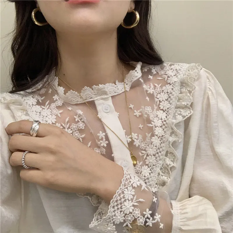 

2021 Large Size Lace Elegance Stand Office Lady Tops Chic Sweet Gentle Korean Elegant Full-Sleeved All Match Shirts