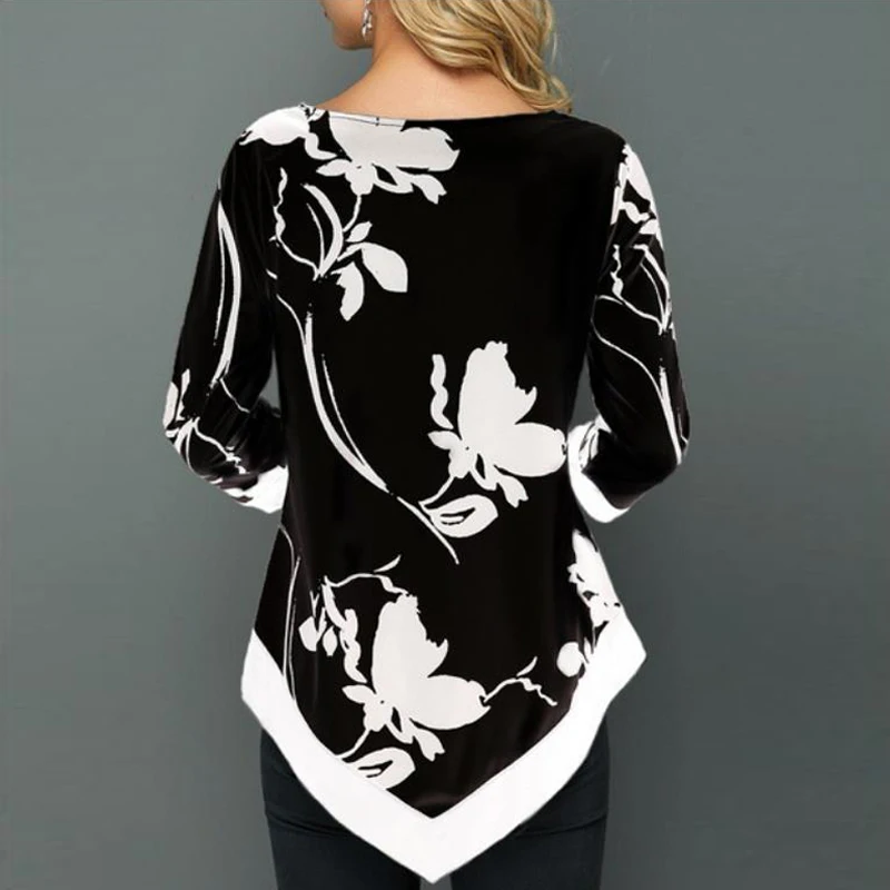 Женская блузка рубашка весна осень с принтом круглым вырезом длинным рукавом