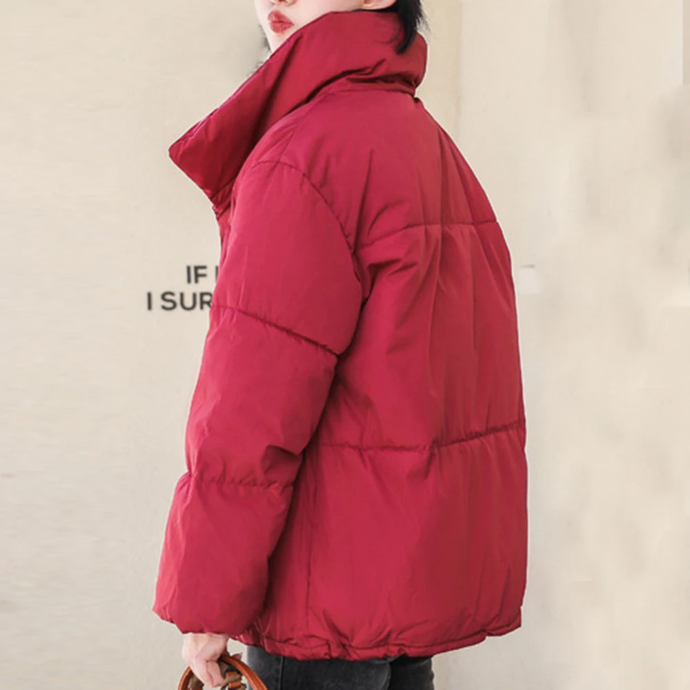 PUIMENTIUA Winter Warm Jacket Women Stand Collar Solid Black White Female Down Coat Loose Womens Plus Size Short Parka New