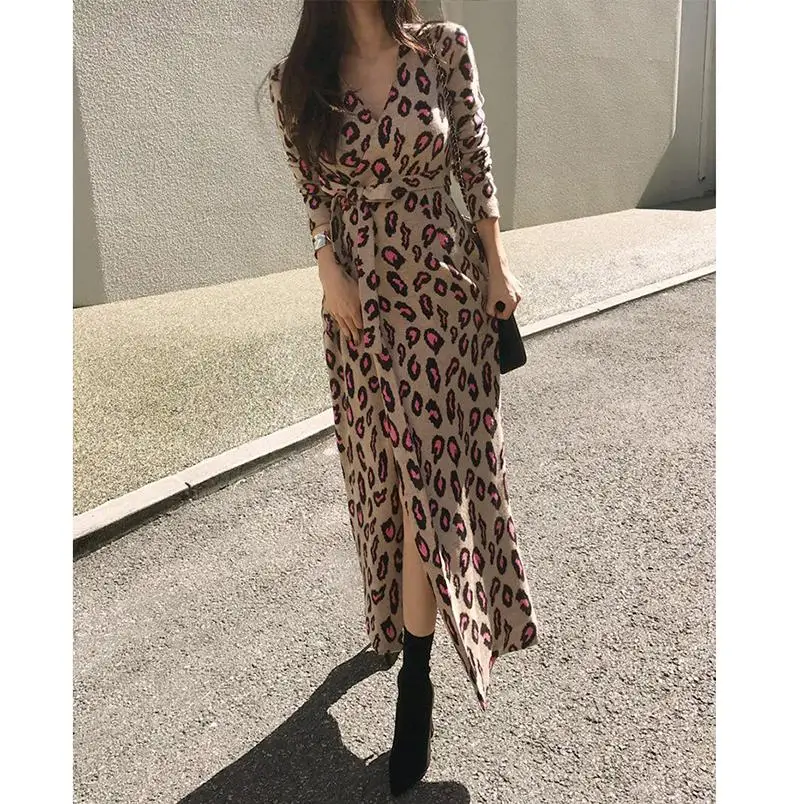 Vintage Leopard Print Long Maxi Dress Autumn V-neck Lace Up Bodycon Dress Knitted Split Winter Women Dress Party Vestidos S-2XL