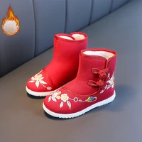 winter girls boots chinese style hand embroidered cotton shoes girls children warm plush snow boots kids winter shoes red pink