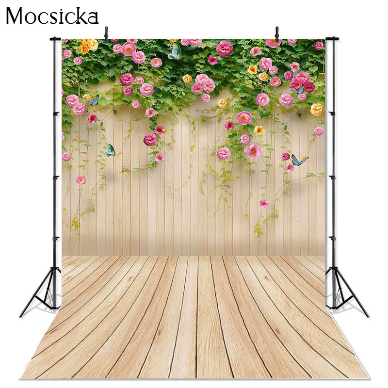 

Mocsicka Spring Photography Background Flowers Wood Board Decoration Props Adult Portrait Children Shower Photo Backdrop Studio