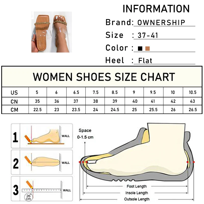 

Women Chain Trantsparent Slippers 2021 New Woman Square Toe Slides Summer Casual Flats Female Shoes Ladies Big Size Footwear