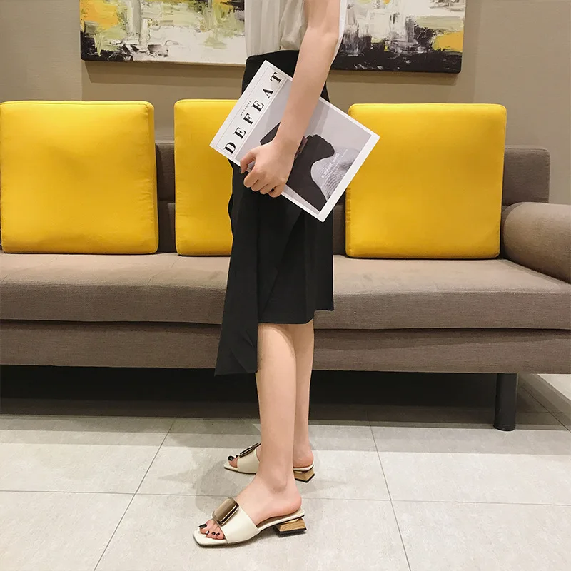 Мюли женские на квадратном каблуке повседневные туфли низком деревянном