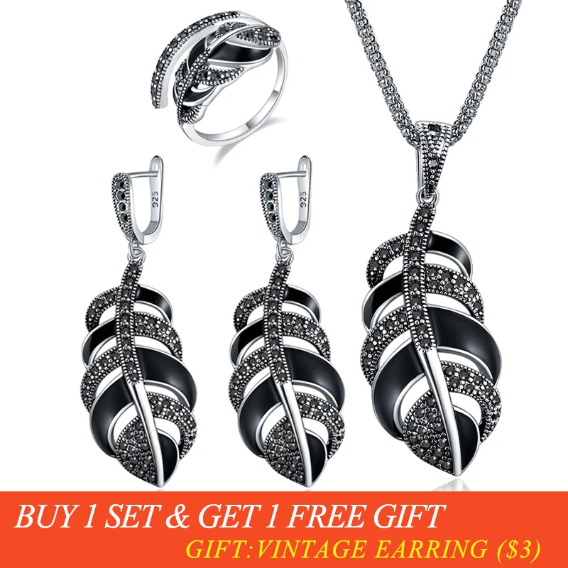 

Ajojewel High Quality Vintage Enamel Feather Jewelry Set For Women Earrings Necklace Ring Size 7-9 Elegant Party Birthday Gift