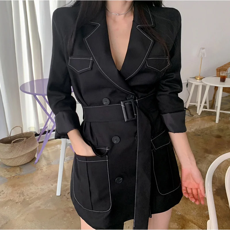 Шикарный черный длинный женский Блейзер осень двубортный пояс кушак офисный