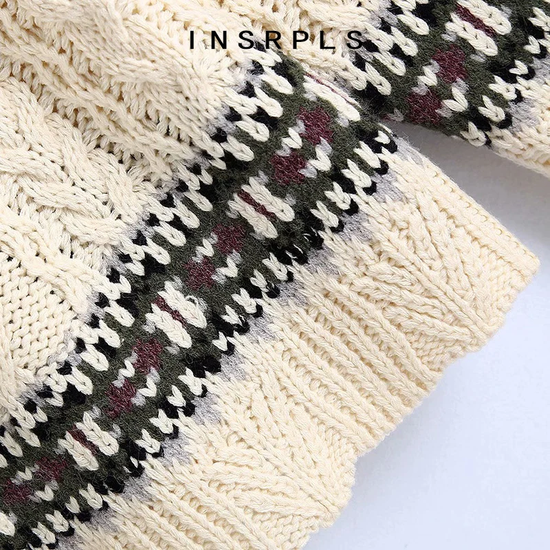 

INSRPLS Women Fashion Patchwork Jacquard Cable-knit Sweater Vintage O Neck Long Sleeve Female Pullovers Chic Tops
