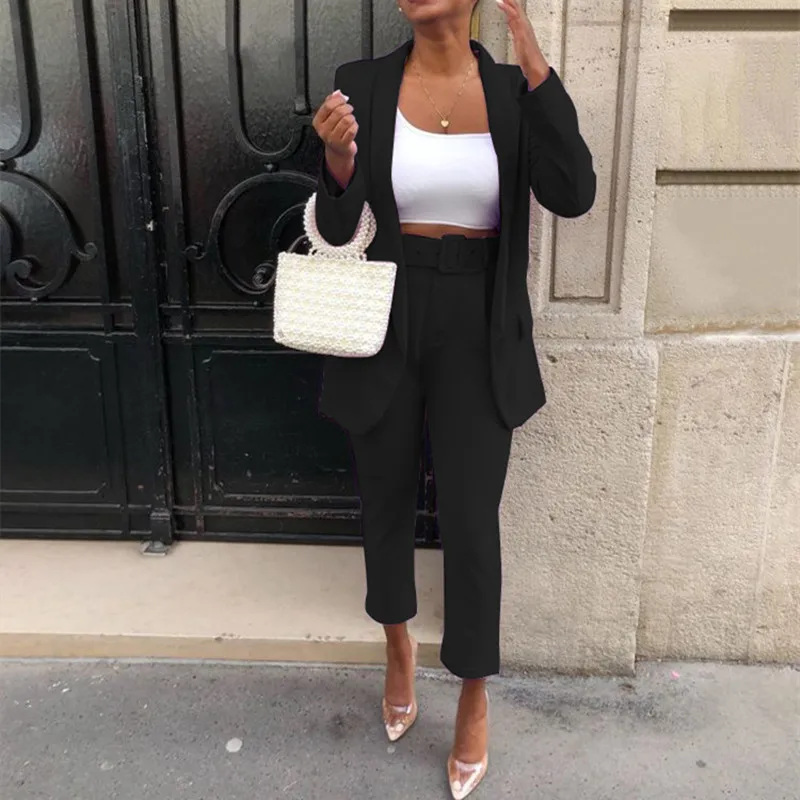 

Классический офисный Блейзер, костюм из двух предметов, 2021, Женский Повседневный костюм, укороченные брюки, однотонный Блейзер средней длин...