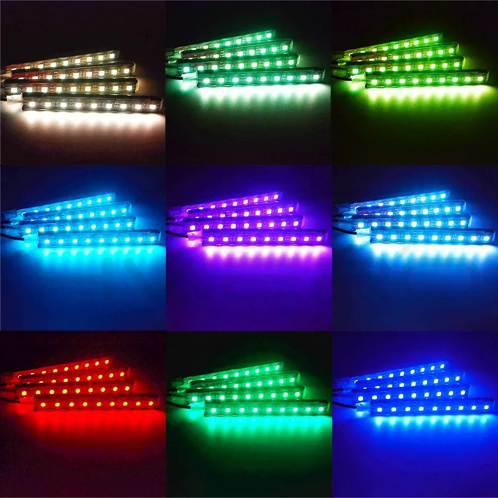 4 шт. Автомобильный светодиодный RGB светодиодный светильник 5050 SMD с автоматическим пультом дистанционного управления, декоративный гибкий светодиодный купольный атмосферный комплект противотуманных фар 12 В постоянного тока